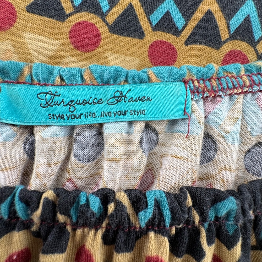 Boho Off-Shoulder Patterned Tunic Top in Turquoise & Mustard Size M - Picture 5 of 10